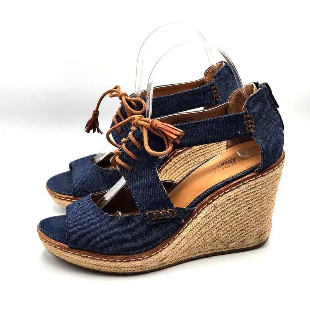 GH Bass Krista‎ Denim Espadrille Wedge Heel Open Toe Tie Front Zipper Size 7.5